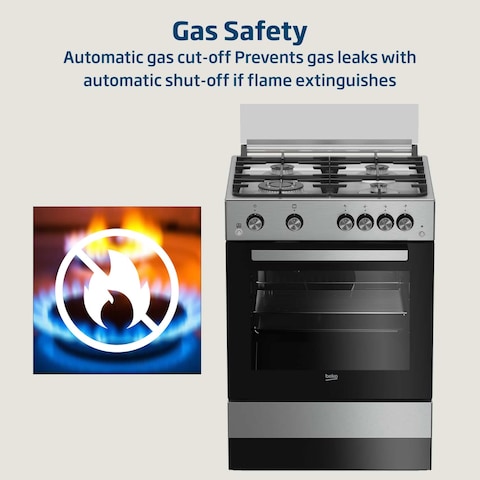 Beko 60x60cm Free standing Gas Cooker,full safety with 4 High Efficiency Gas Burner(1 Wok),Cast iron pan support,FSGT61121DXL(Stainless Steel)