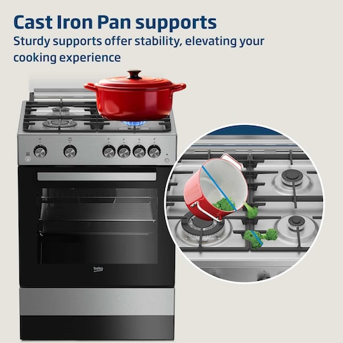 Beko 60x60cm Free standing Gas Cooker,full safety with 4 High Efficiency Gas Burner(1 Wok),Cast iron pan support,FSGT61121DXL(Stainless Steel)