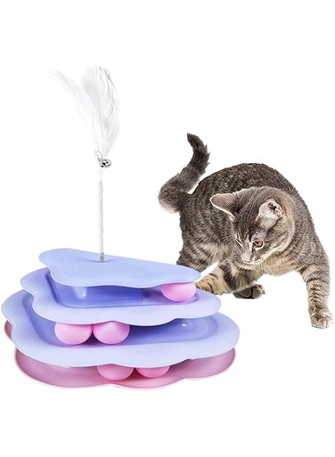 Hkkpet 4-Level Interactive Cat Turntable Toy - Colorful Balls &amp; Feather Wand,Cat Track Ball Toy with Bell,Puzzle Kitten Toys for Kitten Mental Physical Exercise