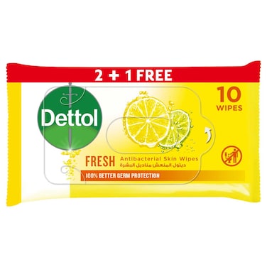 Dettol Fresh Antibacterial Skin Wipes, 10 Wipes Pack of 3
