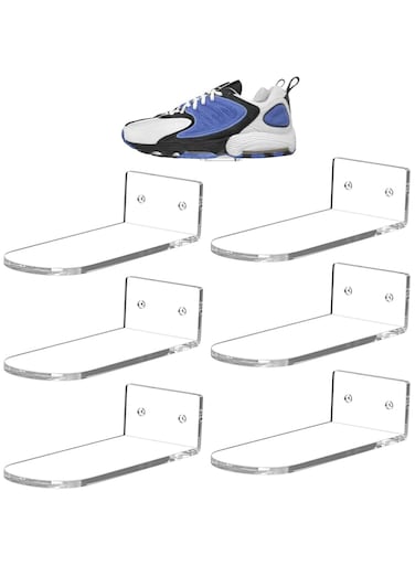 HIIMIEI Shoe Display Shelf for Wall Floating Shoe Shelves Wall Mounted Clear Acrylic Sneaker Shelves to Show Top Shoes and Sneaker Collection or Shoes Box- Standard Size Set of 6