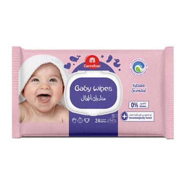 كارفور مناديل مبللة للأطفال خالية من الكحول معطرة برائحة الألوفيرا 24 منديل - أبيض