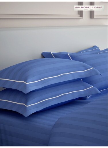 LIVING 100% Cotton Set of 2 Pillow Covers - 300TC Elysian Stripes - Mediterranean Blue