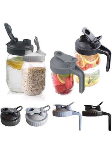 Paporich Mason Jar Pour Spout Lid, Wide Mouth Silicone Mason Jar with Handle Airtight and Leak-Proof Seal Easy Pouring Spout, Turns Your Mason Jar into Pitcher (Set of 4, Black and Grey)
