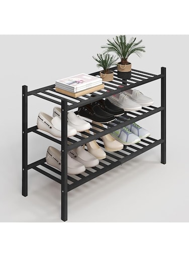 Z&amp;L HOUSE 3-Tier Shoe Rack for Closet, Stackable Bamboo Shoe Rack for entryway, Hallway, Bathroom, Multifunctional Utility Free Standing Shoe Shelf Black