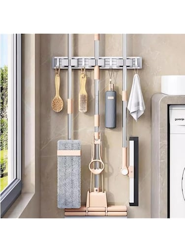 Idrese 3 Racks and 4 Hooks Mop and Broom Holder Wall Mount, Self Adhesive Heavy Duty Broom Organizer Storage Tool Racks for Kitchen Garden Laundry Garage