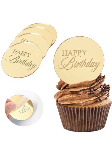 Gold Mirror Acrylic Cupcake Toppers Disc Happy Birthday Cake Decoration Circle Round Shape DIY Party Supplies