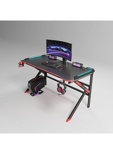 Galaxy Design Gaming Workstation Desk with RGB LED Lights &ndash; Carbon Fiber MDF PVC Gaming Table with Cup Holder &amp; Headphone Hook (W120 x D60 x H74 cm)