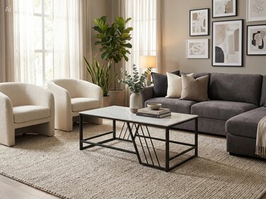 Galaxy Design Modern Marble Coffee Table (White) &ndash; Rectangular Center Table with Black Steel Legs