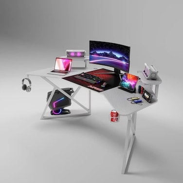 Galaxy Design L-Shaped Gaming Desk (White) &ndash; Carbon Fiber Surface Corner Desk with Monitor Shelf