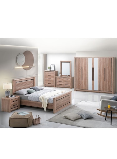 Galaxy Design Modern 5-Piece Bedroom Furniture Set (Light Wood) &ndash; King Size Bed 180&times;200 cm with 6-Door Wardrobe, Dresser &amp; Side Tables (No Mattress, With Chester Drawer)