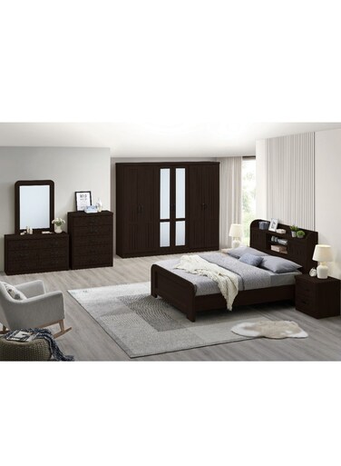Galaxy Design Bedroom Set 5 Piece Light Wood &ndash; King Size Bed, 6 Door Wardrobe, Dresser &amp; Side Tables Modern Furniture Set