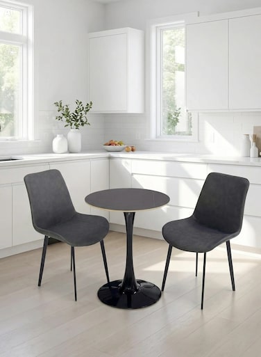 Galaxy Design Modern 2-Seater Dining Table Set GDF-MF6055 &ndash; Round Marble Top Table with 2 Upholstered Armchairs