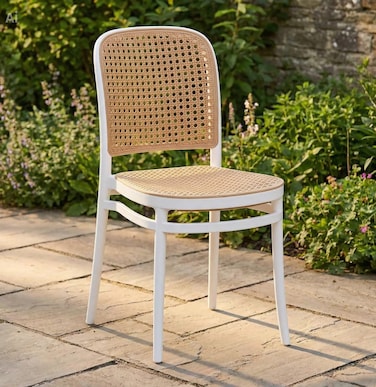 Galaxy Design Plastic Chair Beige &ndash; Cane Style Dining Chair with Durable Frame for Indoor &amp; Outdoor Use