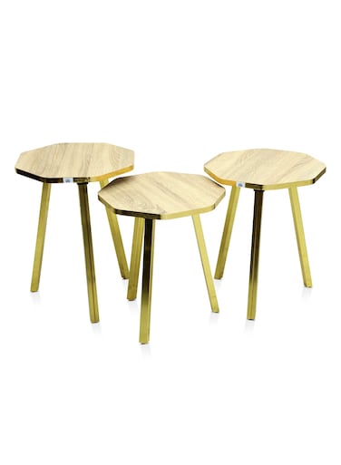 Galaxy Design Light Oak Wooden Top Nesting Table Set of 3 &ndash; Octagonal Space-Saving Coffee &amp; Side Tables for Living Room Furniture