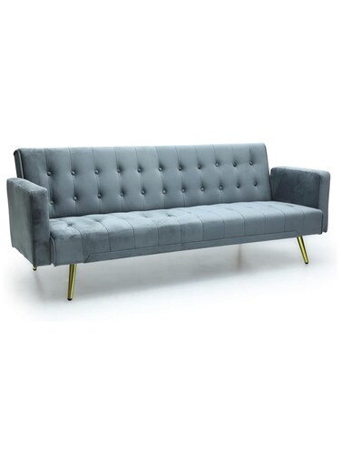 Galaxy Design Grey 3-Seater Sofa Cum Bed &ndash; Soft PU Velvet Convertible Futon Sofa with Golden Legs, Foldable Sleeper Sofa for Living Room