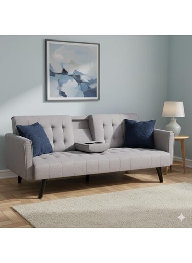 Galaxy Design Light Grey 3-Seater Sofa Cum Bed &ndash; Ribbed Velvet Convertible Futon Sofa with Wooden Legs
