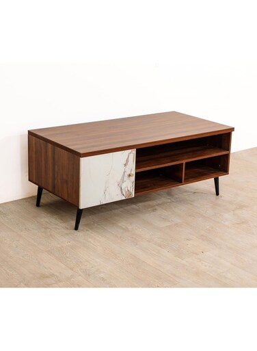 Galaxy Design Red Walnut Wooden Coffee Table &ndash; Modern Living Room Table with White Marble Door &amp; Open Shelves Storage Unit