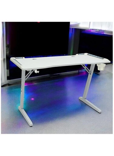 Galaxy Design White Gaming Desk with LED Lights GDF-MH125-WH &ndash; 120x60x75 cm Ergonomic Gaming Table with Cup Holder &amp; Headphone Hook for Home Office &amp; Gaming Setup