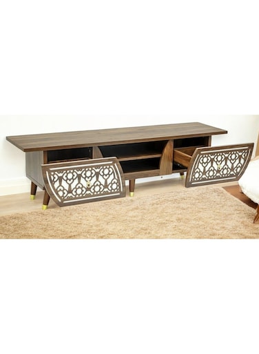 Galaxy Design TV Stand Media Unit GDF-MH2356 &ndash; 160x40x45 cm Wenge Finish with 2 Decorative Doors &amp; Open Shelf Storage Cabinet