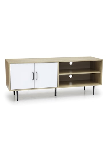 Galaxy Design Light Wooden TV Stand Table &ndash; 2 Open Shelves with White Doors &amp; Black Metal Legs, TV Unit for 55&ndash;65 Inch TVs for Living Room, Home &amp; Office