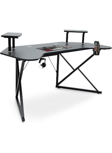 Galaxy Design Black C-Shaped Gaming Table with Dual Monitor Riser &ndash; Carbon Fiber Texture, Cup Holder &amp; Headphone Hook Gaming Desk for Office &amp; Gaming Setup