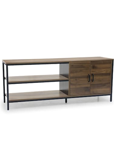Galaxy Design Walnut Wooden TV Stand Table &ndash; 2 Open Shelves with 2 Doors &amp; Black Metal Legs, TV Unit for 55&ndash;65 Inch TVs for Living Room, Home &amp; Office