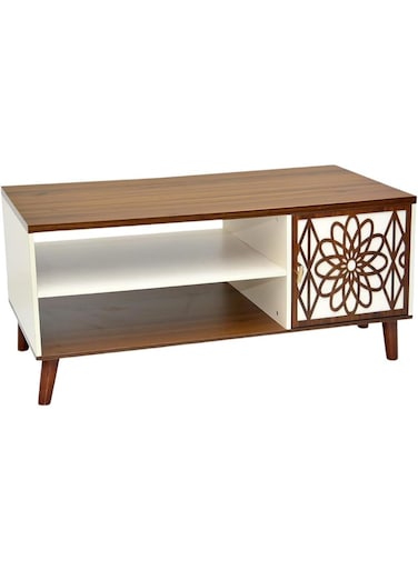 Galaxy Design Wenge &amp; White Wooden TV Stand &ndash; 120 cm Media Unit with Storage Shelf &amp; Decorative Flower Pattern Door for Living Room