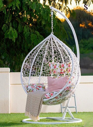 Galaxy Design White Wicker Egg Swing Chair with Stand &ndash; Hanging Chair with Cushions for Indoor &amp; Outdoor Use