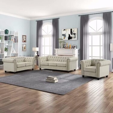 Galaxy Design Wooden Premium Chesterfield Sofa Set (3+2+1 Seater, Beige) &ndash; Classic Tufted Living Room Furniture