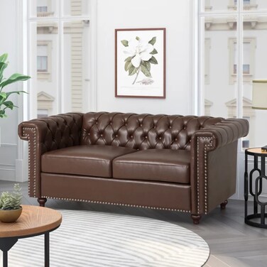 Galaxy Design Modern Handmade Chesterfield 2-Seater Sofa (Dark Brown) &ndash; Button Tufted Leatherette Loveseat