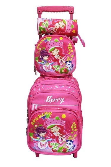 Cartoon Printed Kids School Trolley Backpack Set, 3 Pieces, 16.5 Inch Rolling Bag Lunch Box Pencil Case.Pink Berry