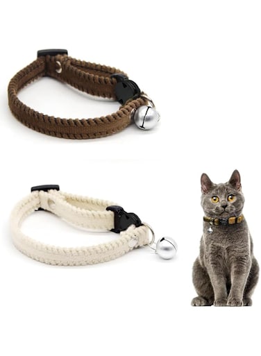 KASTWAVE Furry Breakaway Cat Collar with Bell, 2Pcs Adjustable 7.87"-11.78" Kitten Collar, Suitable for All Types of Cats and Small Dogs (M, Brown&amp;White)