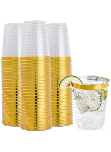 KASTWAVE Gold Rimmed Plastic Cup, 10oz Clear Plastic Cups Tumblers, Fancy Disposable Hard Plastic Cups with Gold Rim for Wedding Cups Elegant Party Cup - 20Pack