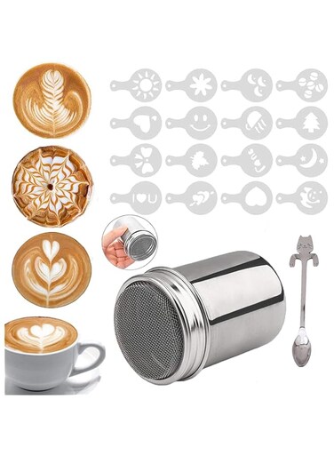 Coffee Sprinkles Powder Set, Azonee Chocolate Shakerwith Lid Stainless Steel Shaker Chocolate Sprinkles for Cappuccino Coffee Icing Sugar Cocoa with 16 Coffee Stencil and Cat Coffee Spoon