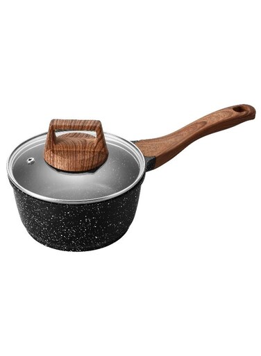 LIFE Sauce Pan 16Cm with Glass lid Aluminum   Non-stick coating   Scratch Resistant &amp; Durable   Soft touch wooden esthetic , Black
