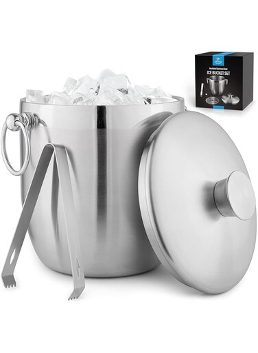 Zulay 3 Liter Double-Wall Insulated Ice Bucket for Cocktail Bar - Ice Buckets for Parties, Outdoor &amp; Indoor - Stainless Steel Ice Bucket with Lid, Strainer &amp; Tongs Included