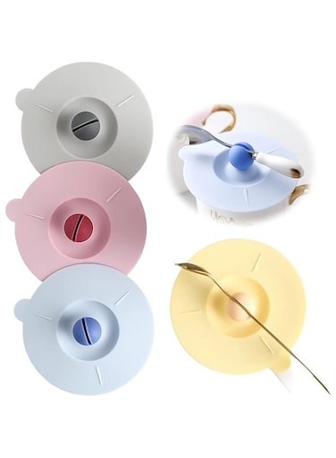 Food Grade Silicone Card Slot Cup Lid, 4 Pieces Glass Coffee Mugs Mug Dustproof Spill-Proof Sealed Cup Covers Reusable Heat Resistant Lids with Spoon Holder