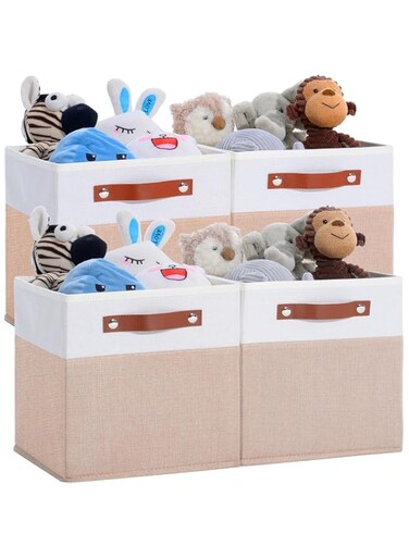 ANTOLE Cube Storage Bins 4 Pack,Fabric Storage Bins, Cube Storage Organizer Bins and Storage Box Shelf Basket,Collapsible Fabric Bins for Shelves, Closets, Nursery (Beige)