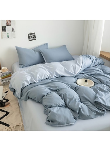 Cotton Duvet Cover Set, 4 Pieces Soft Brushed Microfiber Comforter Cover with Zipper Closure, Include 1 Duvet Cover 220x240cm 1 Flat Sheet and 2 Pillowcase, King Size(Haze Blue)