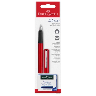 Faber-Castell Fountain Pen Red Design Set with Blue Ink Cartridges, Medium Nib, 7 PCS