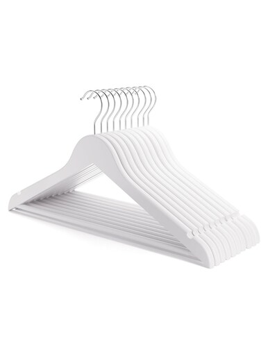 Wooden Hangers with Non-Slip Grip, Set of 6 - White Finish, Durable Space-Saving Premium Design for Clothes, Coats, and Jackets