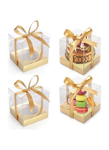 12PCS Clear PVC Cake Boxes - Perfect for Macarons, Cupcakes, Cookies &amp; Mooncakes - Ideal for Baby Showers, Weddings &amp; Birthday Parties (Gold)