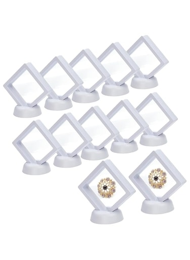 KASTWAVE 10Pcs 3D Floating Thin Film Jewelry Storage Box, Transparent Frame Display Case Holder for Ring Necklace Bracelet Earring, Dustproof Challenge Coin Medallion Display Case Stand (White)