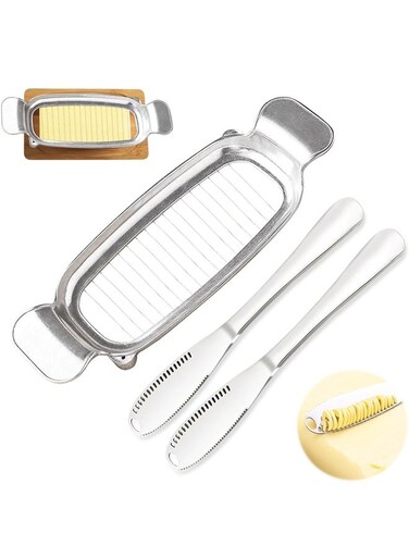 Steel Butter Slicer Cutter with 2 Butter Knives &acirc;&euro;&ldquo; 3 in 1 Easy Butter Spreader Knife for Cold Butter Slicing Spreading
