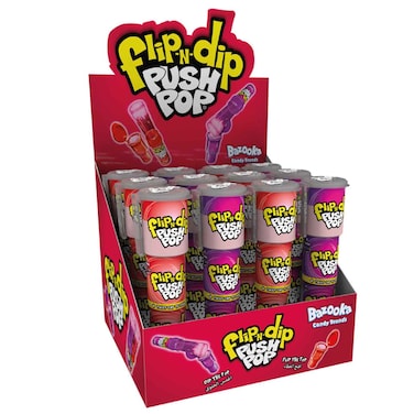 Bazooka Flip N Dip Push Pop Strawberry and Blackcurrant Candy, 25g, Pack of 12