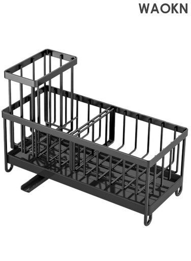 Sponge Holder for Kitchen Sink , Sink Caddy Organizer with High Brush Holder , Kitchen Countertop Organizers and Storage Essentials , Rustproof 304 Stainless Steel , Suitable for kitchen and bathroom countertop storage racks, Black