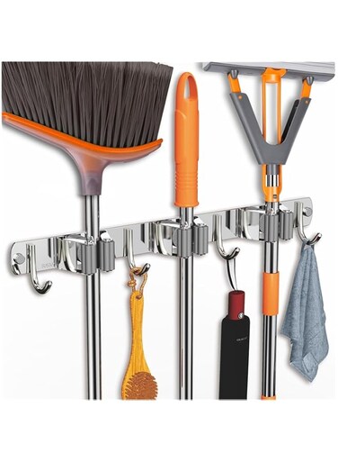TAME Mop and Broom Holder Wall Mount, Upgraded Broom Organizer Wall Mount, Stainless Steel Broom Hanger Heavy Duty Broom Organizer for Garage Closet Laundry Room Kitchen (Silver)