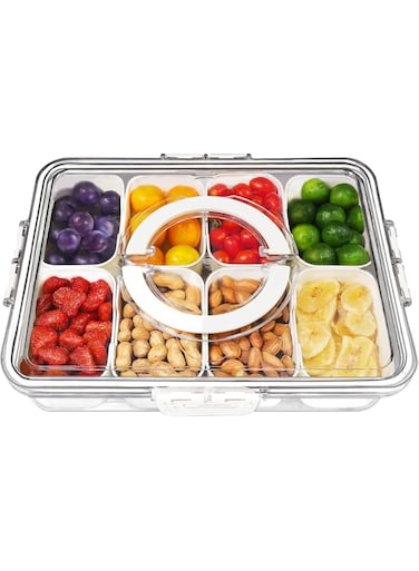Divided Serving Tray with Lid and Handle, 8 Compartment Snack Box Container, Travel Charcuterie Board with Lid for Kids and Adults, Snack Box Container - Fruit, Vegetable, Candy, Snack Tray with Lid