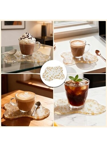 Aesthetic Cloud Shaped Acrylic Coaster with Gold Foil Flakes &acirc;&euro;&ldquo; Heat Resistant Clear Drink Mat, Decorative Jewelry Dish &amp; Spoon Rest for Dining Table, Office Desk, and Kitchen Protection